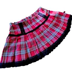 TRIPP NYC Vintage Y2K Goth Punk Emo Red Plaid Pleated Mini Skirt w/ Lace Trim S